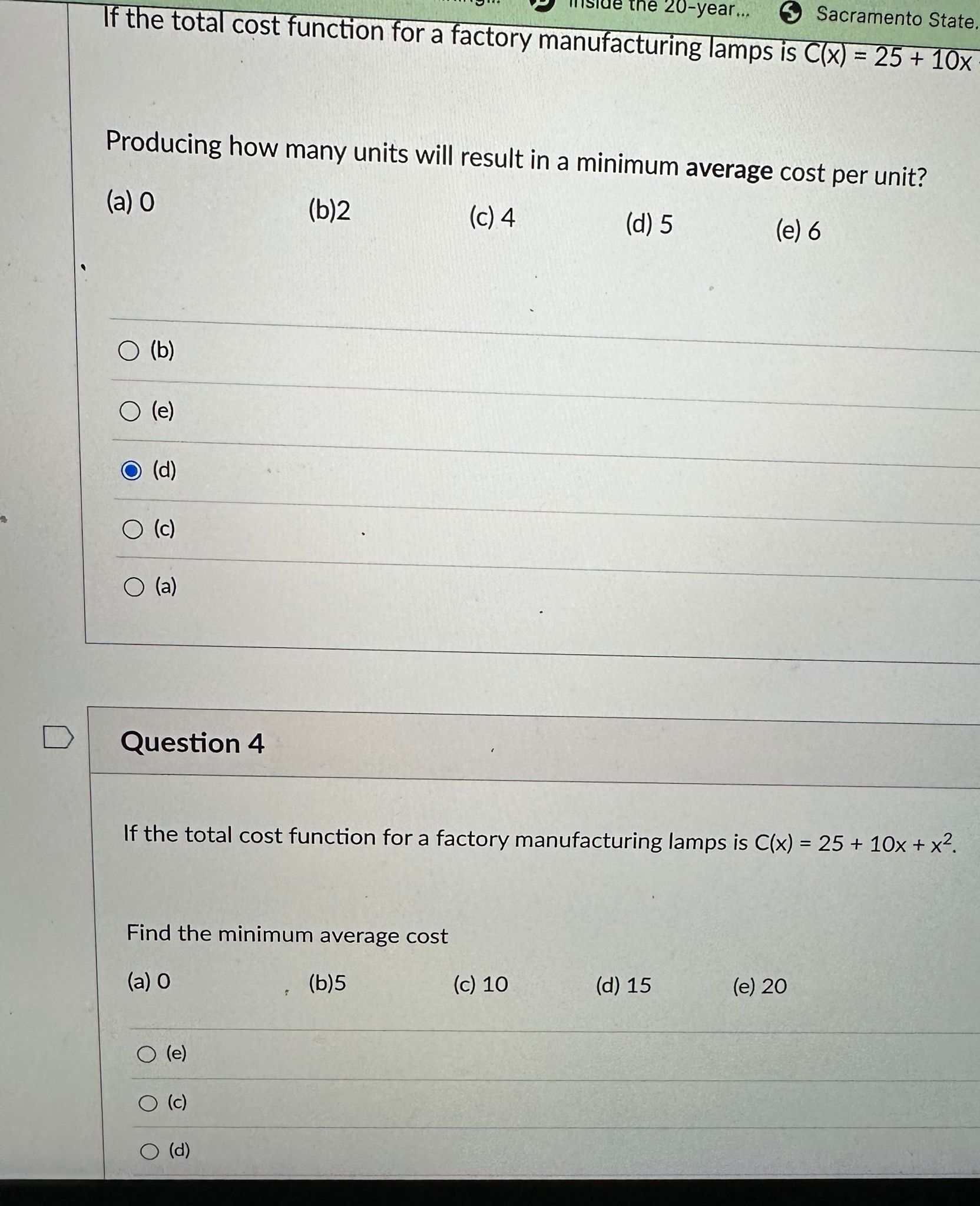  If the total cost function for a factory manufacturing lamps is