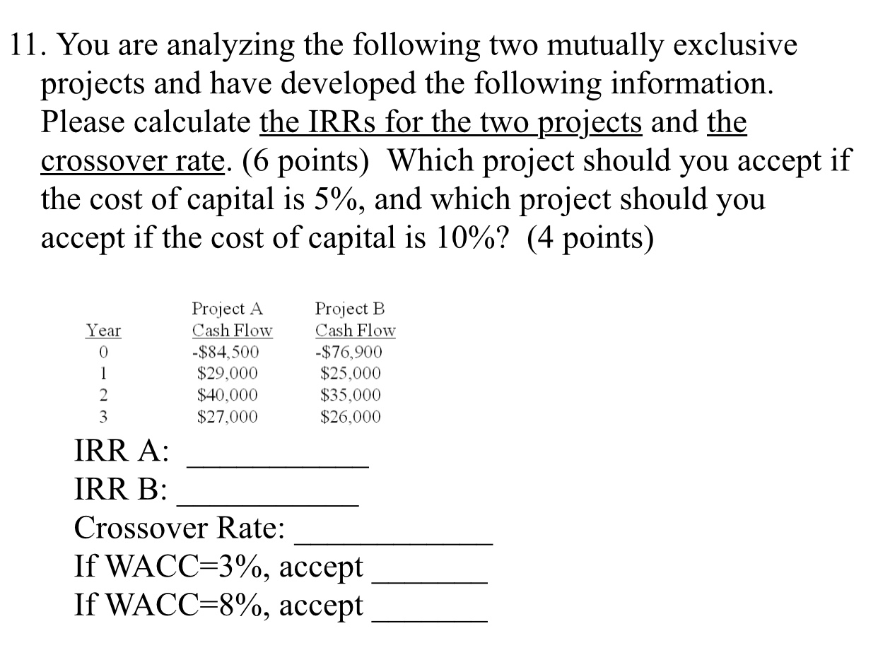 11. You are analyzing the following two mutually exclusive projects and