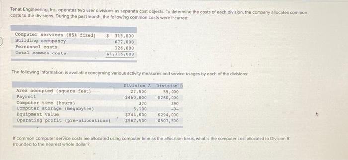  Tenet Engineering, Inc. operates two user divisions as separate cost objects.