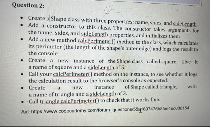  in HTML - Create a Shape class with three properties: name,