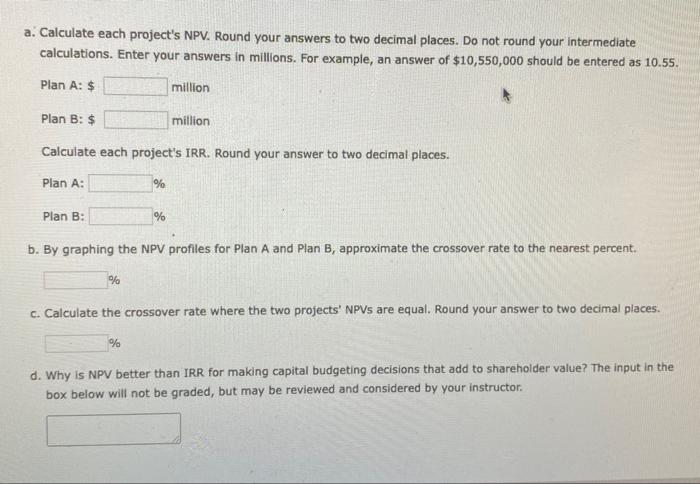 A company is considering two mutually exclusive expansion plans. Plan A requires