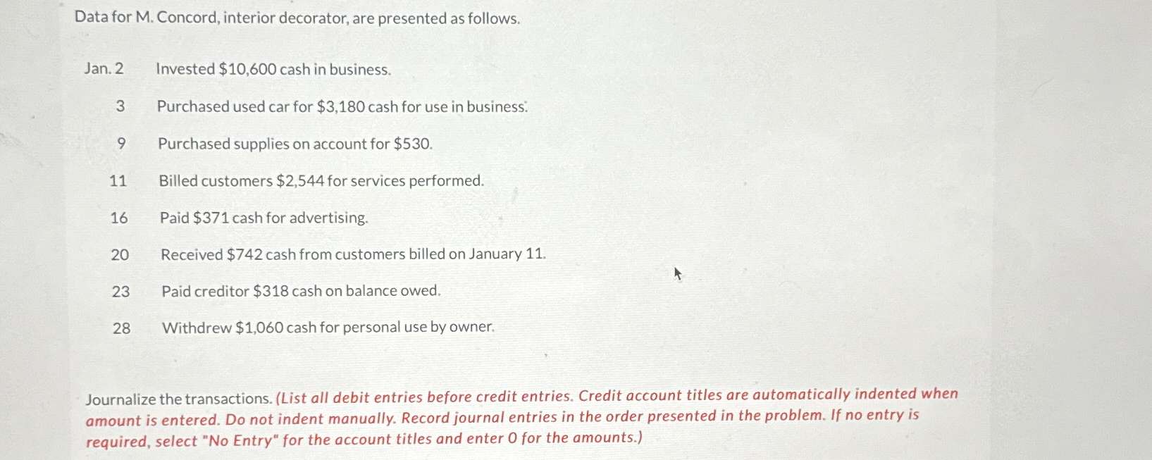  Data for M. Concord, interior decorator, are presented as follows. Jan.