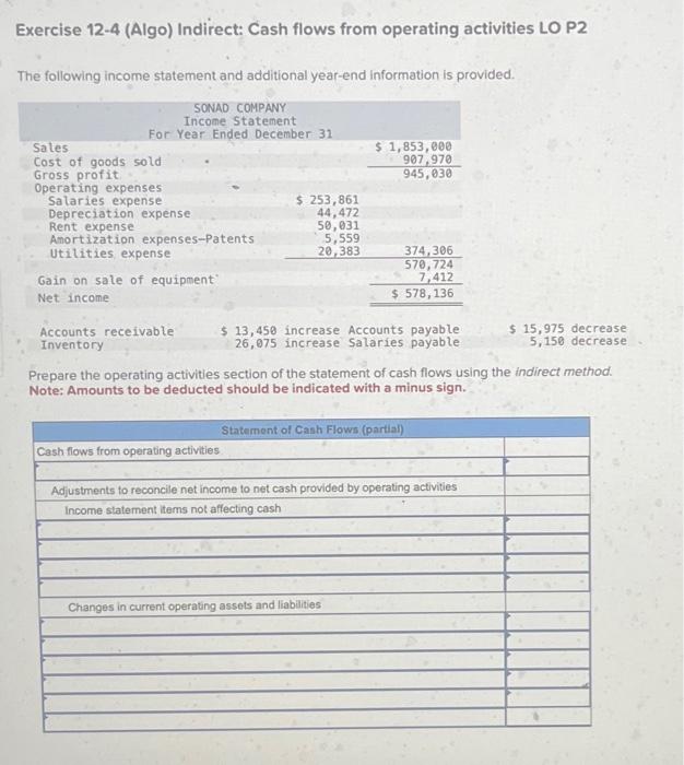  Exercise 12-4 (Algo) Indirect: Cash flows from operating activities LO P2