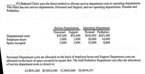 show work 37) Behrend Clinic uses the direct method to allocate service