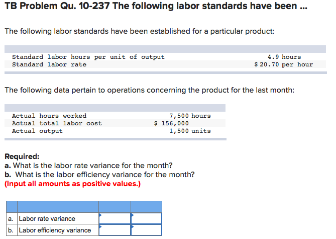  TB Problem Qu. 10-237 The following labor standards have been.. The