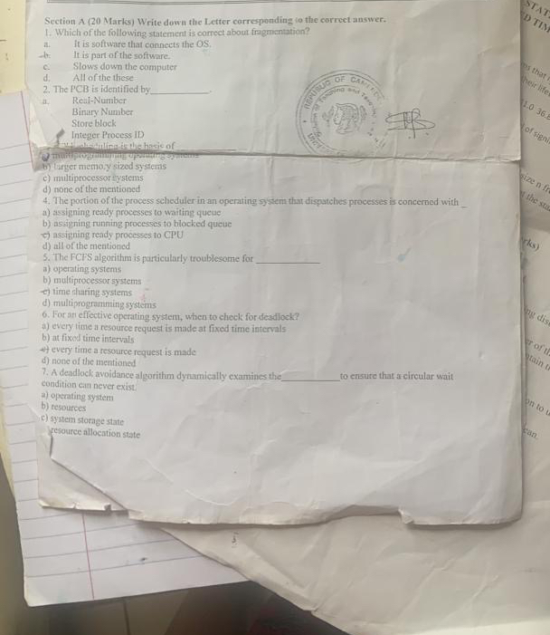  Section A (20 Marks) Write down the Letter correpponding io the