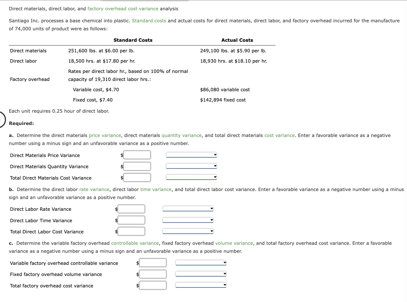  Direct materials, direct labor, and factory overhead cost variance analysis Santiago