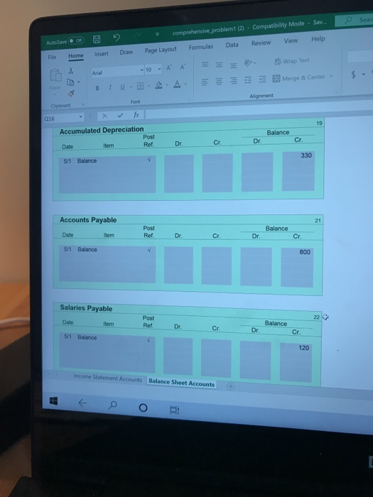 ledger accounts appear below, in this order: Fees Eamed Salary Expense, Rent