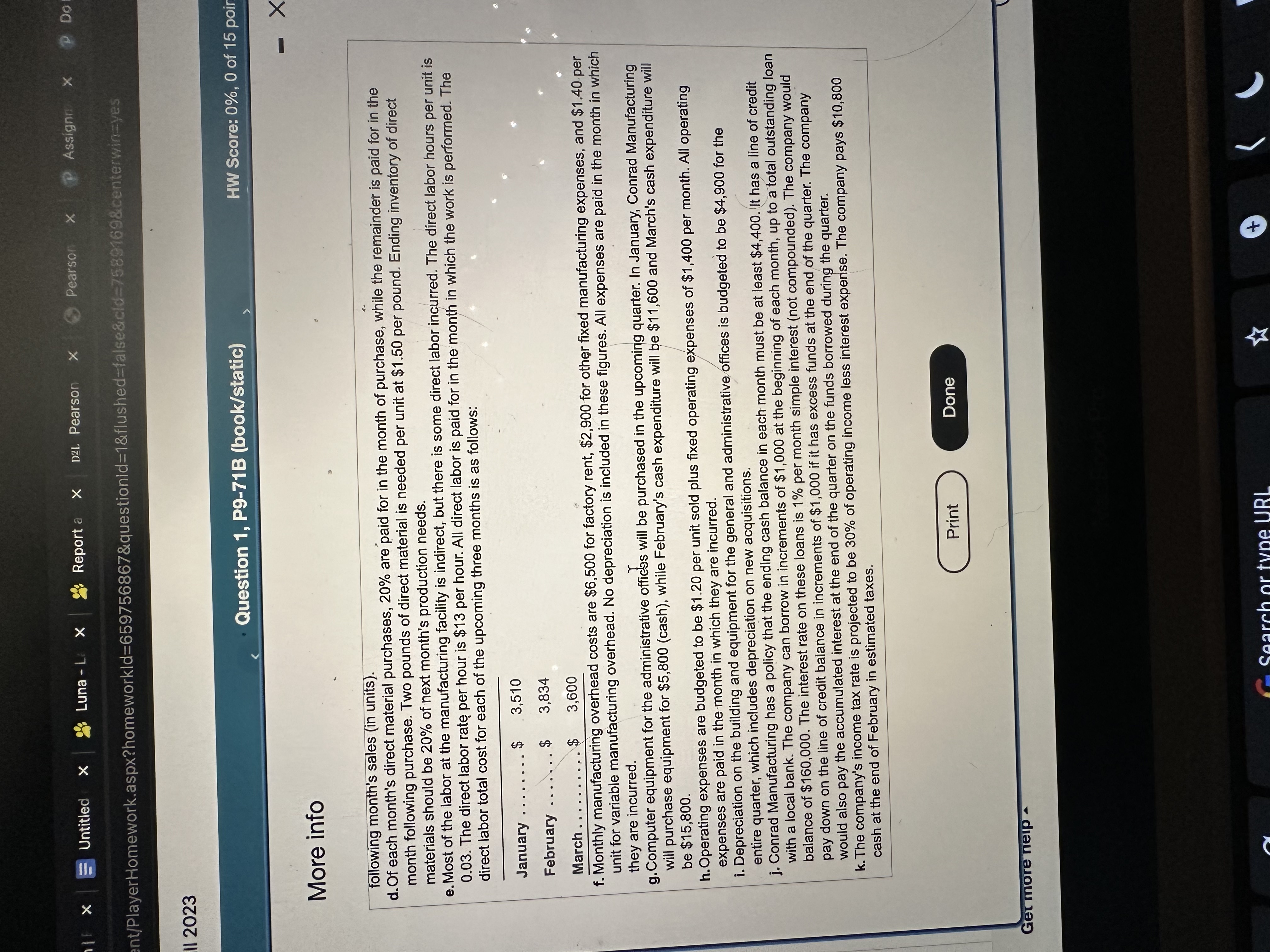  Conrad Manufacturing is preparing its master budget for the first quarter