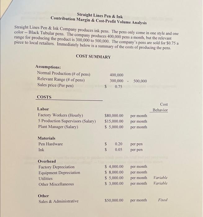 will rate! Straight Lines Pen \& Ink Contribution Margin \& Cost-Profit