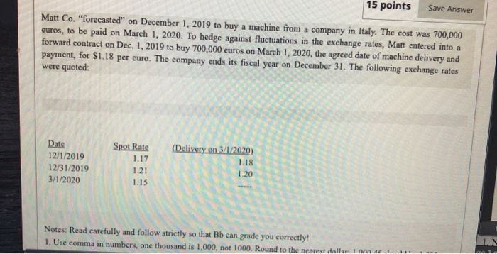  15 points Save Answer Matt Co. forecasted on December 1, 2019
