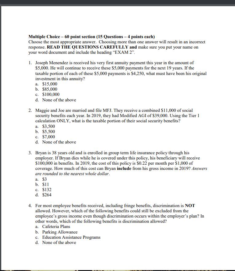  Multiple Choice - 60 point section (15 Questions - 4 points