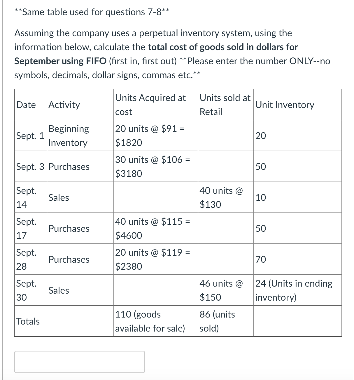  Same table used for questions 78 Assuming the company uses a