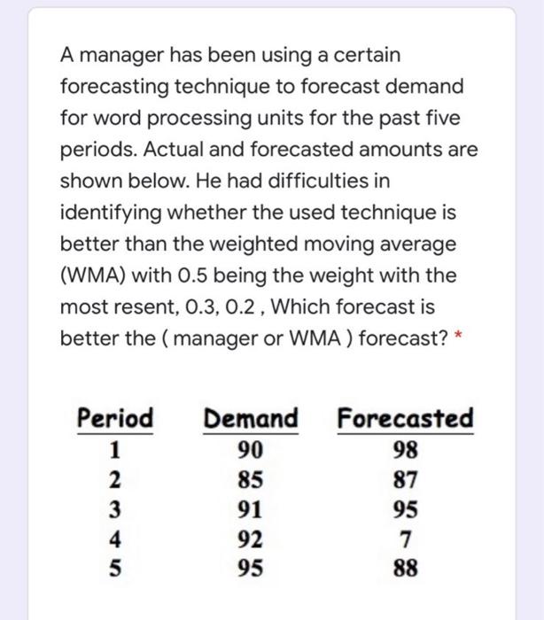  A manager has been using a certain forecasting technique to forecast