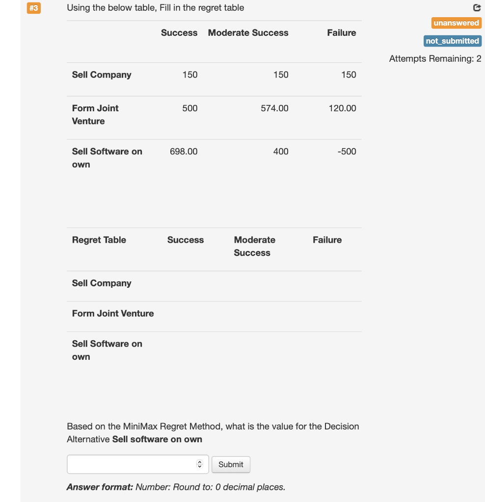  #3 Using the below table, Fill in the regret table unanswered