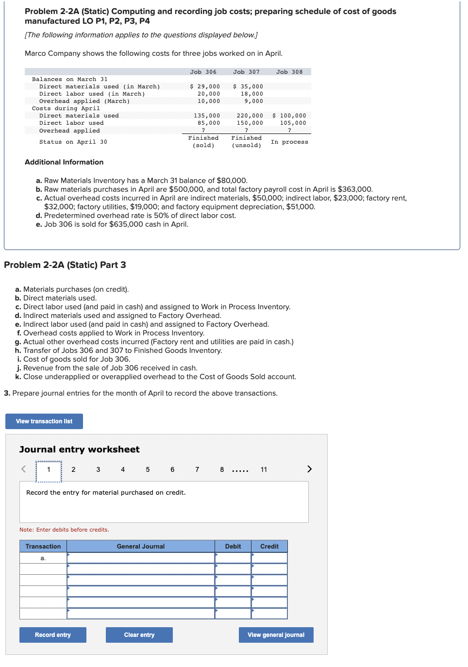  Problem 2-2A (Static) Computing and recording job costs; preparing schedule of