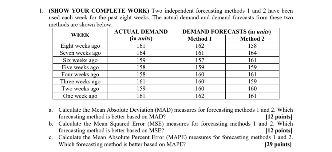  (SHOW YOUR COMPLETE WORK) Two independent forecasting methods 1 and 2