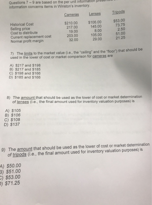 Questions 7-9 are based on the per unit information piese information