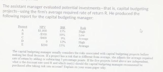  The assistant manager evaluated potential investments-that is, capital budgeting projects-using the