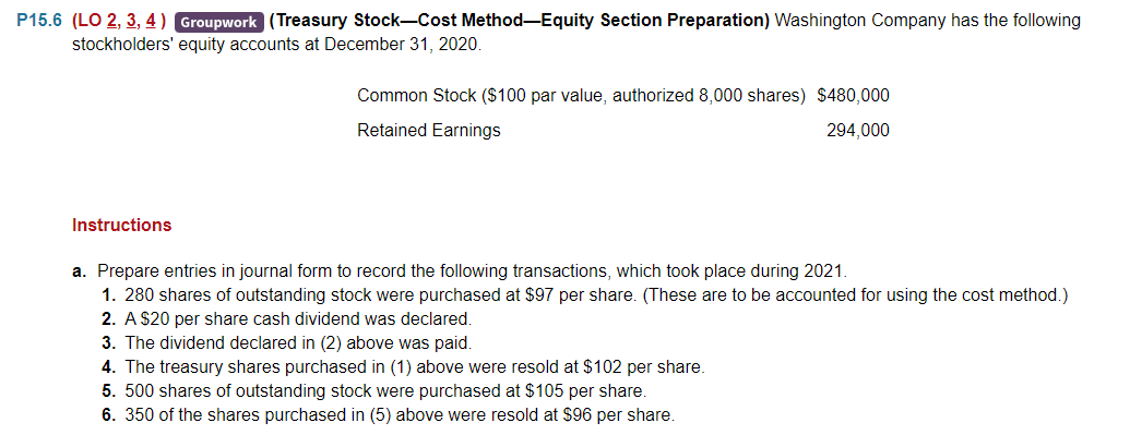 P15.6 (LO 2, 3, 4) Groupwork (Treasury Stock-Cost Method-Equity Section Preparation)