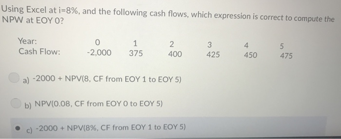  Using Excel at 1-8%, and the following cash flows, which expression