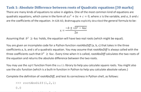  Task 1: Absolute Difference between roots of Quadratic equations [30 marks]
