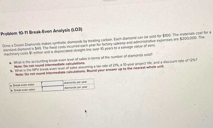  Problem 10-11 Break-Even Analysis (LO3) Dime a Dozen Diamonds makes synthetic