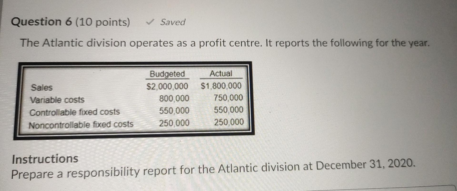  Question 6 (10 points) Saved The Atlantic division operates as a