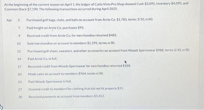  Journalize the April transactions using a periodic inventory system. (If no