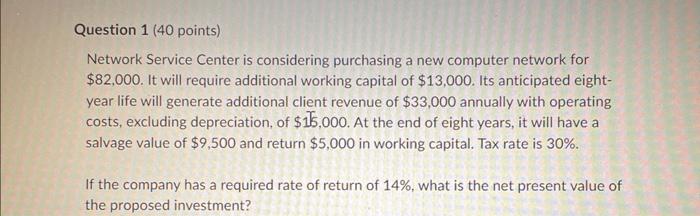 Question 1 (40 points) Network Service Center is considering purchasing a