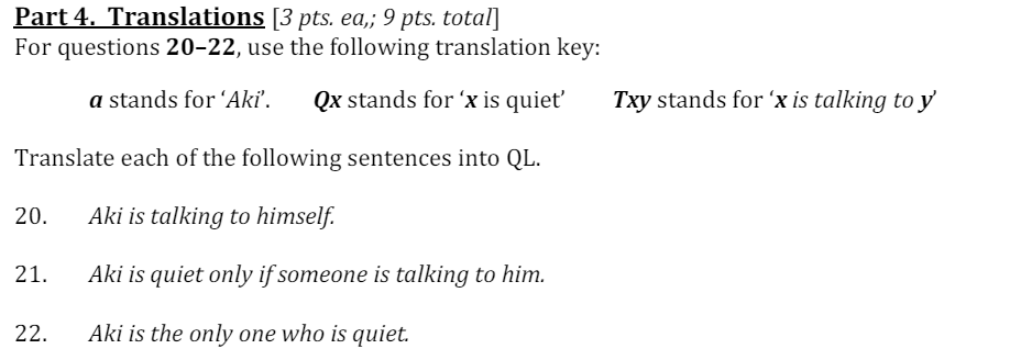  Part 4. Translations [3 pts. ea,; 9 pts. total] For questions