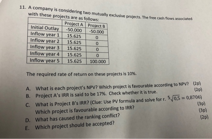  11. A company is considering two mutually exclusive projects. The free