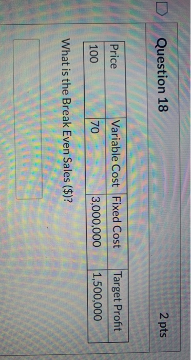  Question 18 2 pts Price Variable Cost Fixed Cost Target Profit