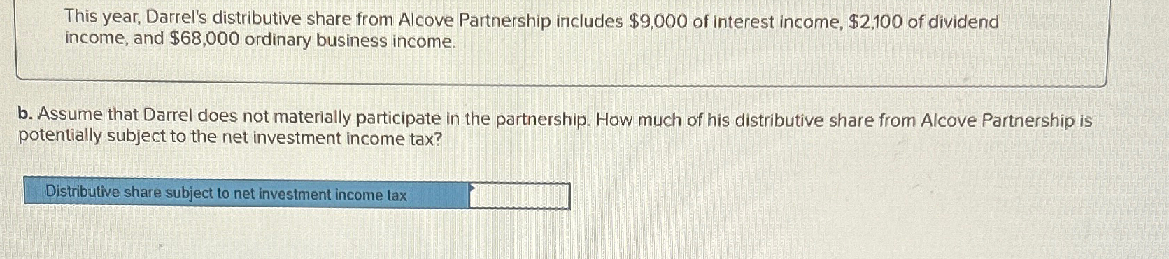  This year, Darrel's distributive share from Alcove Partnership includes $9,000 of