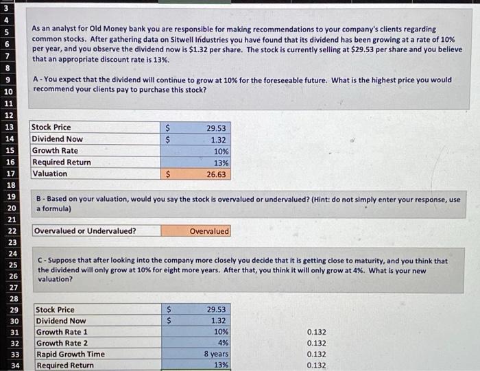 please solve and show me in excel how to get valuation for