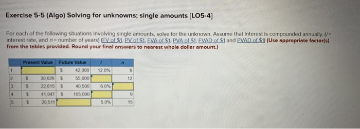  Exercise 5-5 (Algo) Solving for unknowns; single amounts (L05-4] For each