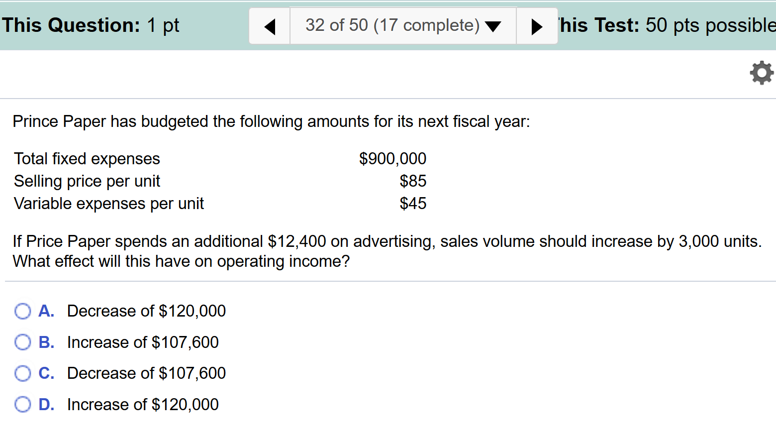  his Test: 50 pts possible This Question: 1 pt 32 of