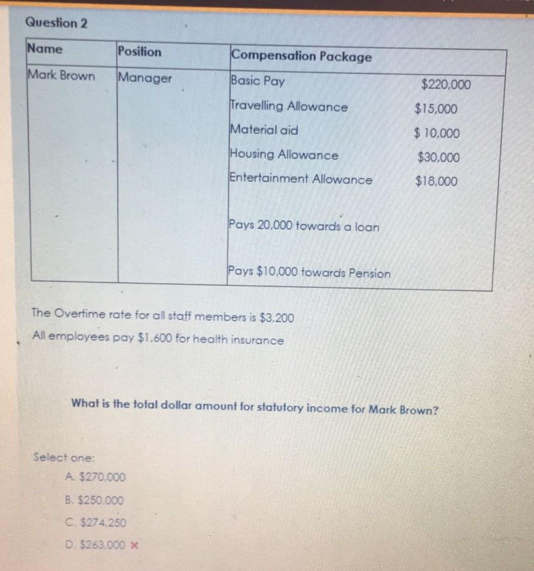  Question 2 Name Position Compensation Package Mark Brown Manager Basic Pay