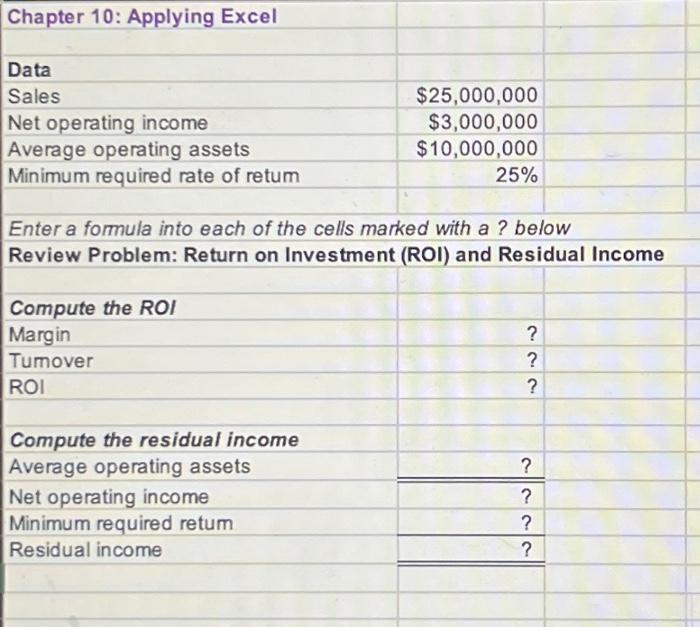 you so much! Required information Chapter 10: Applying Excel [LO10-1, L010-2] The