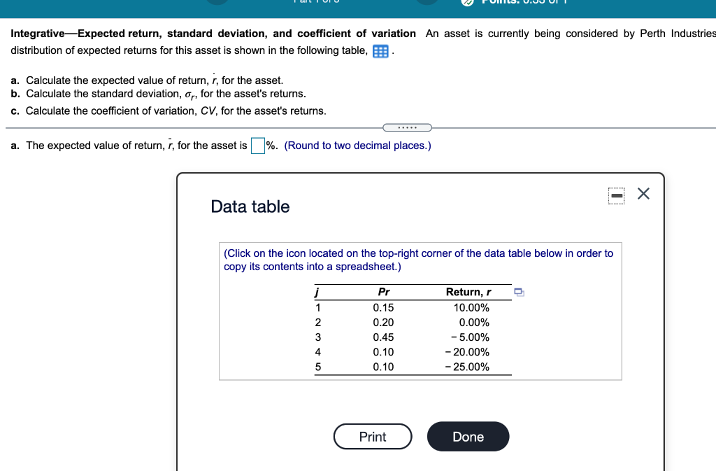 answer a, b, and c Integrative-Expected return, standard deviation, and coefficient of
