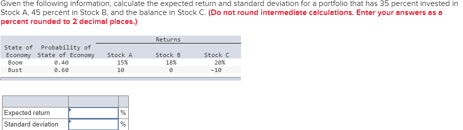 Given the following information, calculate the expected return and standard deviation