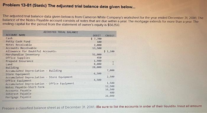  help asap!! Problem 13-81 (Static) The adjusted trial balance data given