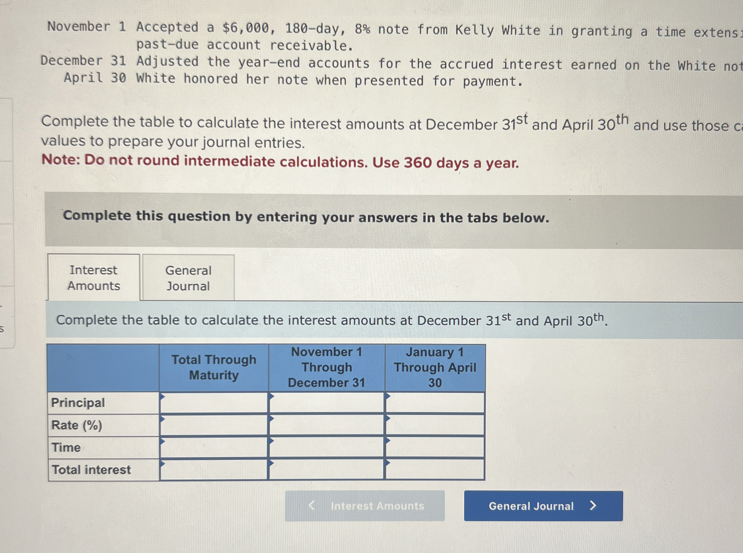  November 1 Accepted a $6,000,180-day, 8% note from Kelly White in