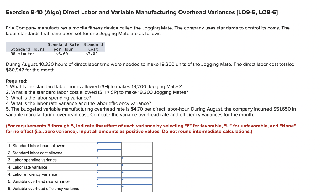 Exercise 9-10 (Algo) Direct Labor and Variable Manufacturing Overhead Variances [LO9-5,