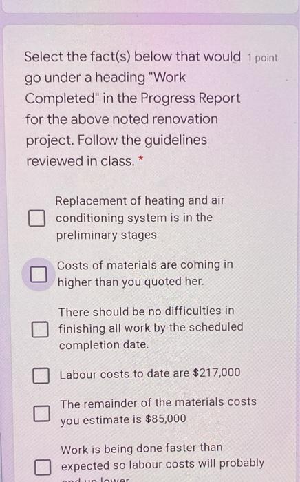  Select the fact(s) below that would 1 point go under a