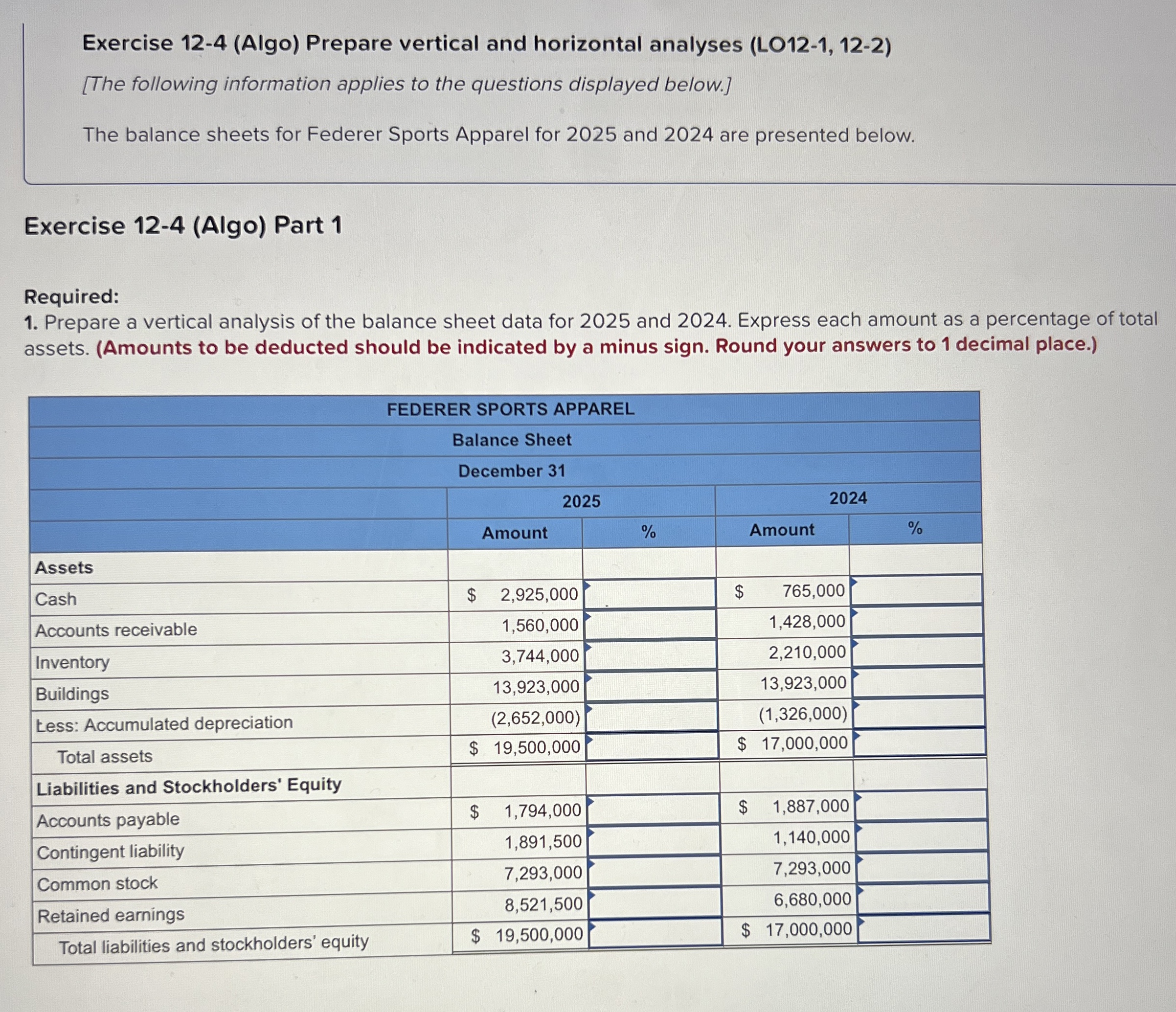  Exercise 12-4(Algo) Prepare vertical and horizontal analyses (LO12-1,12-2) [The following information