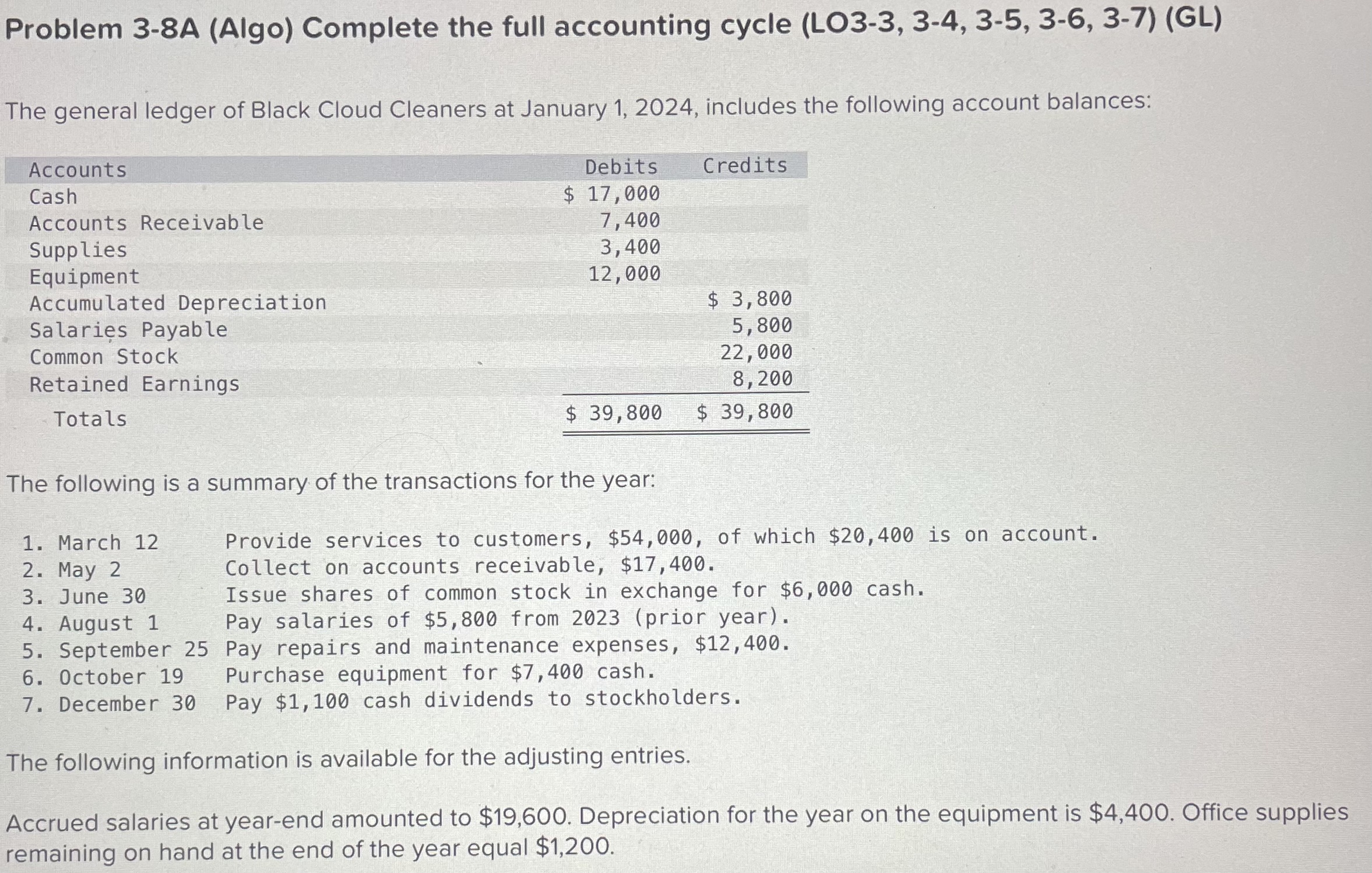 Problem 3-8A (Algo) Complete the full accounting cycle (LO3-3, 3-4, 3-5,