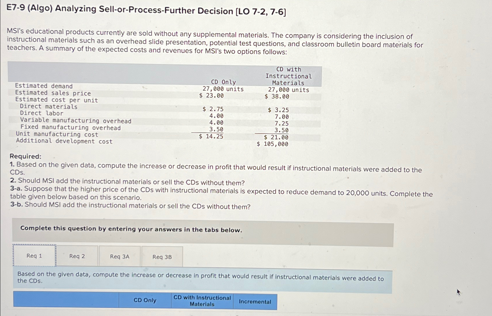  E7-9(Algo) Analyzing Sell-or-Process-Further Decision [LO 7-2,7-6] MSI's educational products currently are