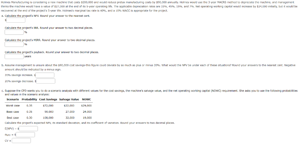 Holmes Manufacturing is considering a new machine that costs $200,000 and