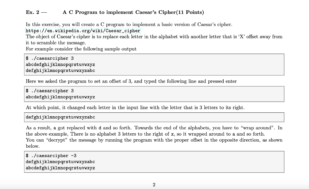  Ex. 2 A C Program to implement Caesars Cipher. Part 1,2,3,4,5